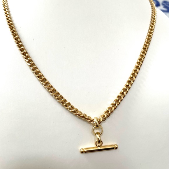 Gold T Bar Curb Link Chain Necklace - Picture 4 of 5
